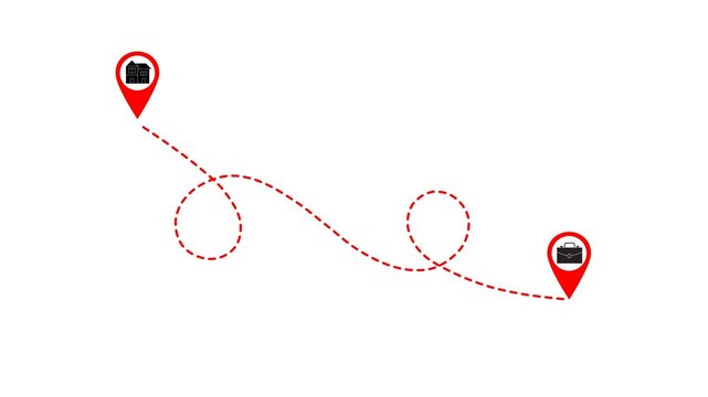 Red dashed line animation showing a travel route between home and work icons on white background for commuting or business logistics concepts.
