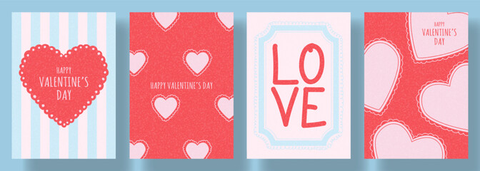 Retro concept of Valentines Day cards. Vector illustration of hand drawn doodle style posters with hearts, frames and typography design. Valentines Day templates for cover, branding, ads, flyers.