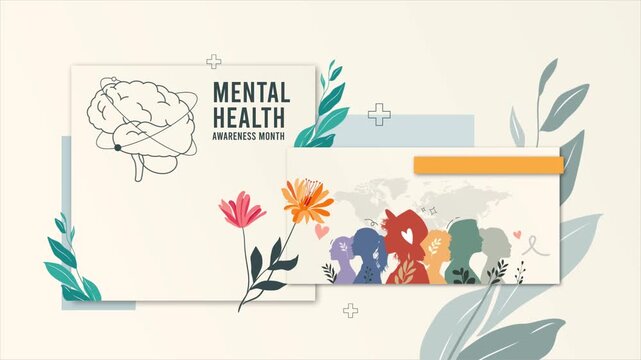 Animated flat vector illustration for Mental Health Awareness Month. Featuring a brain outline, blooming flowers, and diverse silhouettes, perfect for wellness campaigns and therapy backgrounds.