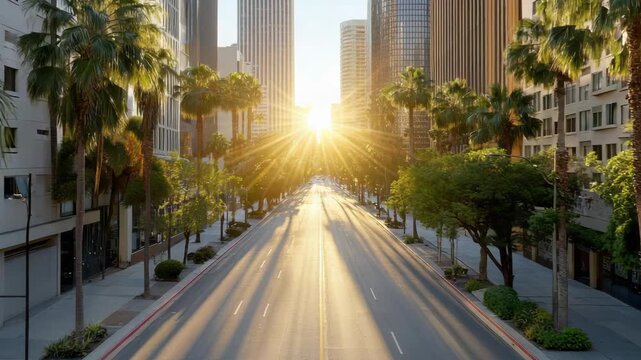 Sunlit urban avenue with palm tree lined empty street and modern highrise buildings at sunrise
