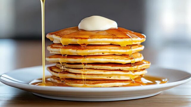 Fluffy golden pancake stack with butter and syrup drizzling for warm breakfast comfort