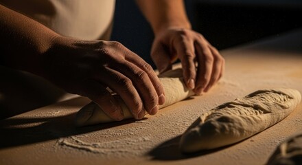 Baker shaping dough for baguettes in a bakery.