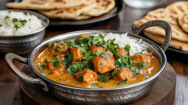 Creamy paneer and butter chicken curry with basmati rice, naan and cilantro garnish for Indian food