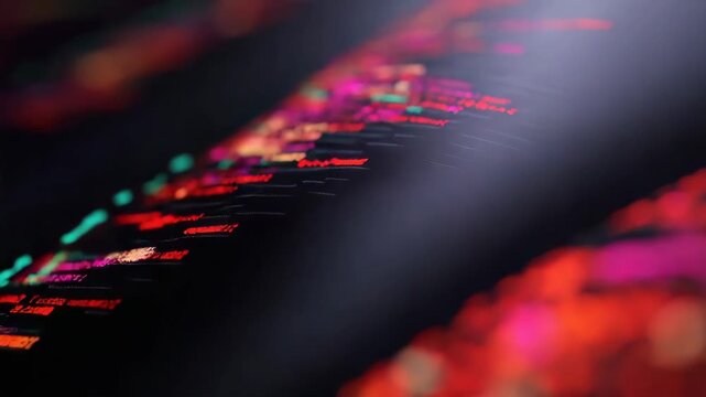 Colorful bokeh lights dark fabric with glowing threads and digital code texture glowing dark
