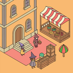 Vector illustration of a furniture store and home interior design featuring a cartoon house room with a sofa, bed, table, and lamp in a city building apartment shop