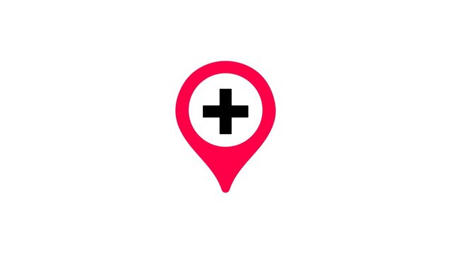 Medical location pin icon with black cross symbol on red map marker isolated on white background for hospital navigation and clinic locator apps.
