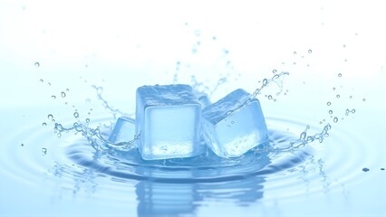 Clear ice cubes splashing in water with droplets and ripples, perfect for refreshing beverages and cooling visuals.