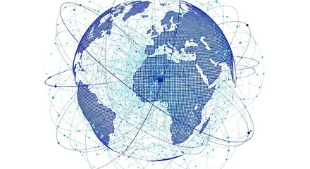 Fototapeta premium Global network connection illustration showcasing Earth from space with orbiting lines and nodes