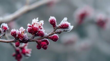 冬の朝の霜に覆われた赤い梅のつぼみ