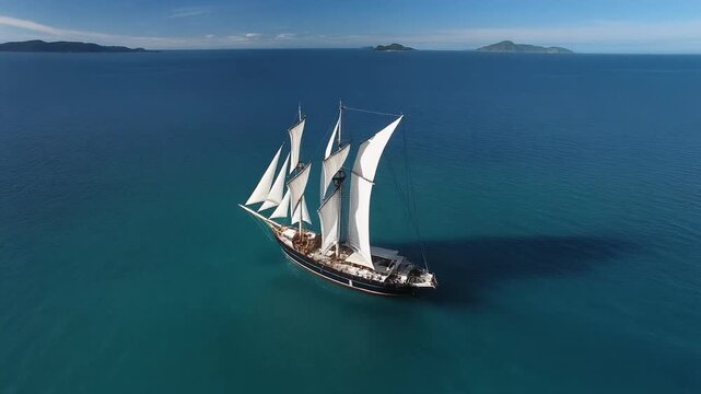An old nautical schooner with tall masts sails across the deep blue ocean water under a summer sky, representing a classic vessel traveling on a pirate cruise or wind-driven regatta vacation