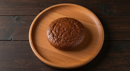Circular wooden plate holding a single, round, brown patty