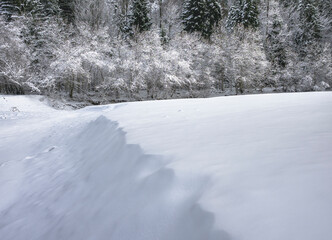Obraz premium Winter magic in the Julian Alps. Lake Predile and the forests at its foot.
