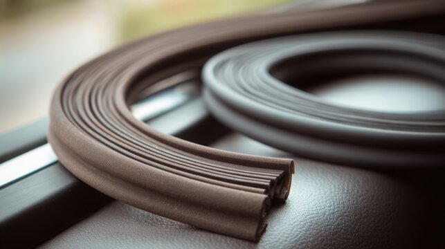 car door rubber seals close up, additional homemade sealing strips, noise reduction concept, macro photography, soft lighting