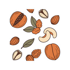 A seamless autumn vector pattern features a vintage illustration set of hazelnuts and nuts and bolts with brown leaf art and orange floral nature elements for a decorative wallpaper design
