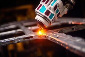 An automated welding machine expertly welds a piece of metal, showcasing precision manufacturing and innovative technology used in the industrial sector