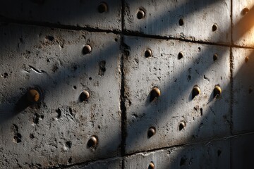 The light highlights an abstract pattern on a weathered concrete wall with bronze rivets, creating a textured surface that evokes a sense of industrial age and time