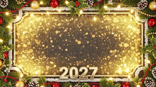 Festive holiday frame with sparkling lights Christmas decorations and 2027 New Year celebration 4K Ai HD high quality video.

