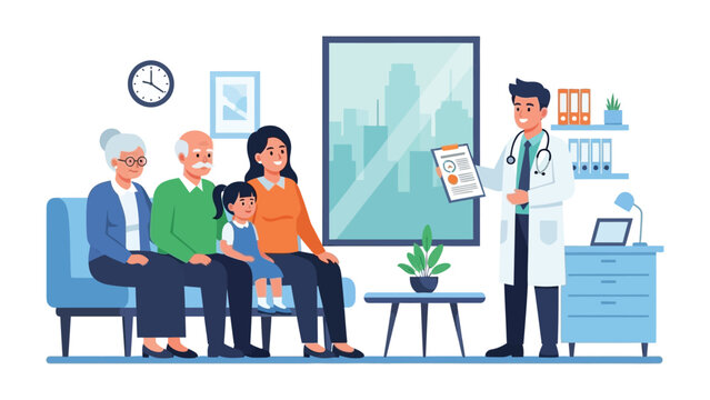 Doctor's Consultation: A doctor explains diagnosis with his patients in a bright waiting room. Illustrating healthcare and well-being. 
