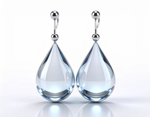 Elegant Pair of Silver Earrings with Teardrop Shaped Clear Glass on White