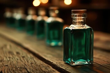 A row of emerald liquid bottles sit on a rustic wood surface, their square design and vintage aesthetic capturing the essence of old, offering a touch of timeless apothecary charm