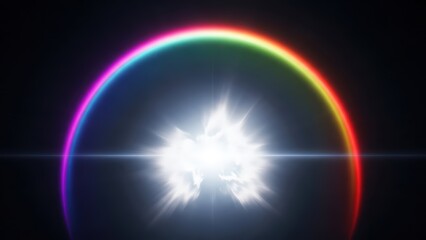 Vibrant rainbow spectrum arc with a brilliant central light burst and horizontal lens flare against a dark, abstract background.