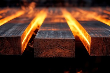 The charred wood shows dramatic lighting, creating a hot, fiery effect. The textured surface of the timber planks adds depth to this image