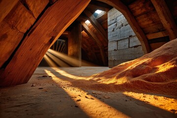 Sunlight streams into a rustic attic, illuminating beams and a grain pile. Warm light and texture create an aged, historic atmosphere within the structure