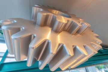 A striking view of two interlocking gear mechanisms, highlighted by strong light and showcasing precision engineering and industrial design