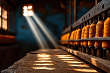 Sunbeams illuminate a rustic workshop where vibrant orange yarn spools are meticulously arranged on an antique spinning machine