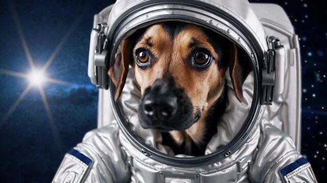 Dog wearing astronaut helmet floating in space, surreal sci-fi concept combining animal portrait and space exploration theme. Close-up of a dog dressed as an astronaut, futuristic.