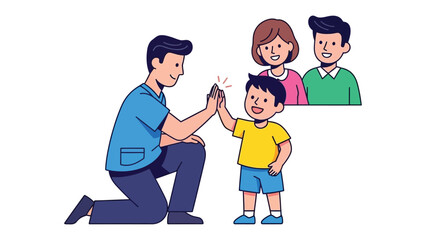 Family Connection High-Five: A loving father and son share a joyous high-five, celebrating a moment of connection, as the proud mother and sibling look on, symbolizing familial love, support.