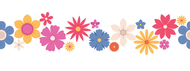 Seamless border from abstract flowers, top view. Spring flora. Flat vector illustration on a white background