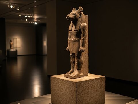 Ancient Egyptian museum exhibit with jackal-headed statue on display