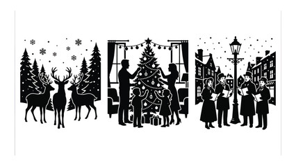 Christmas Tree Silhouette in City Square with Reindeer and People © Itbar