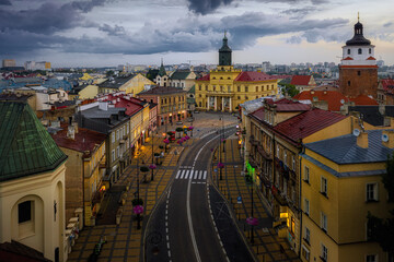 Aerial view of colorful tenement houses and town hall in Old Town in Lublin, Poland