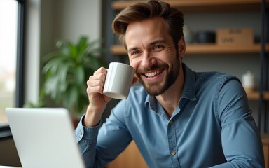 Handsome smiling young man drinking coffee sitting at office desk and looking at camera. High quality