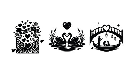 Black Silhouette Heart Swan Couple Under Bridge with Envelope