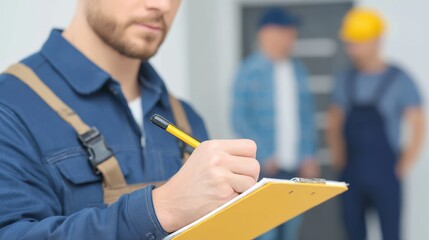 A man reviews and signs a document with a smart TV installation contractor.