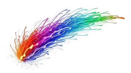 A dynamic and vibrant abstract streak of rainbow colors, resembling a comet or a paint splash, against a clean white background.