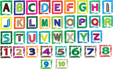 Multicolored alphabet and number tiles on white background