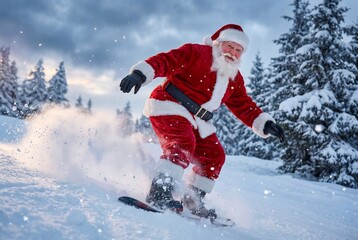 Santa Claus wearing a traditional red suit snowboards downhill through fresh snow on a winter mountain slope. The image shows motion, speed, and joy, with snow spraying into the air and evergreen tree
