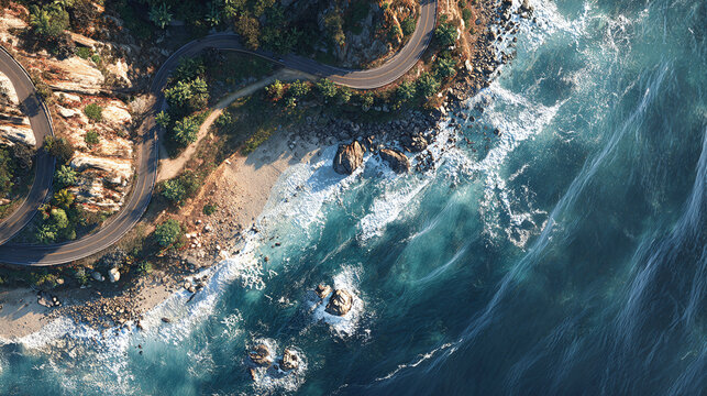 Aerial view of a coastal road winding along the rugged shoreline, with waves crashing against the rocks