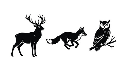 Deer, Fox, and Owl Silhouettes on White Background