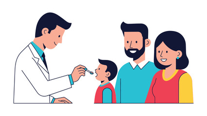 Healthcare Consultation: A medical professional conducts a routine check-up for a child with parents present, emphasizing the importance of family healthcare. 