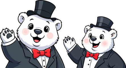 Two charming cartoon polar bears dressed in formal tuxedos and top hats waving hello cheerfully