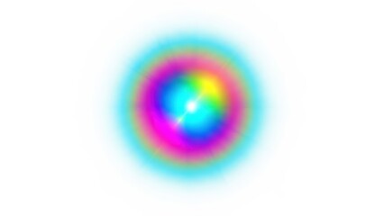 A vibrant, blurred, circular light effect with a spectrum of colors radiating from a bright center on a clean white background, creating an abstract visual.