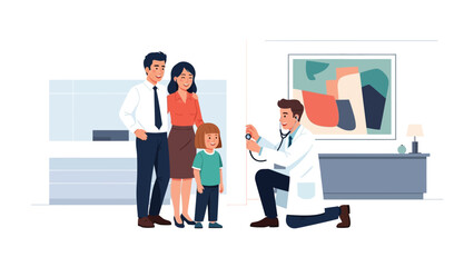 Health Check-up: A family, under the care of a compassionate doctor, attends a check-up, emphasizing the crucial importance of health and wellbeing.