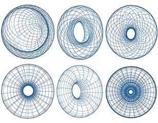 Six circular designs with intricate interwoven blue line patterns against a white background; arranged geometrically