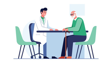Doctor's Consultation: A caring doctor discusses healthcare with an elderly patient during a check-up, symbolizing trust and wellness.