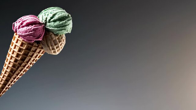 Close-up of a colorful ice cream cone with three vibrant scoops pops against a dark background, creating a delicious and refreshing summer treat. Vibrant ice cream cone against a dark background.